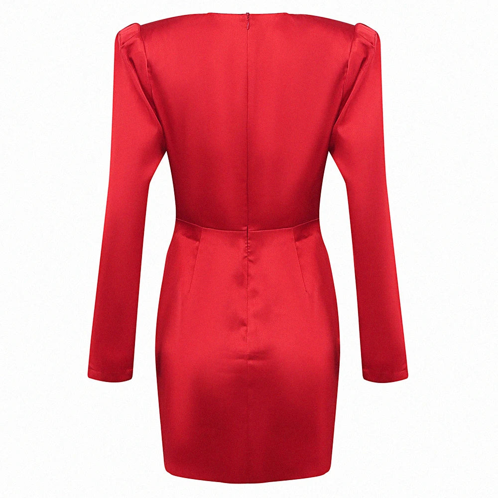 Sexy Red Satin Dress 2025 New Women's Deep V Neck Puff Sleeve Bodycon Draped Dress Club Night Party Mini Vestidos