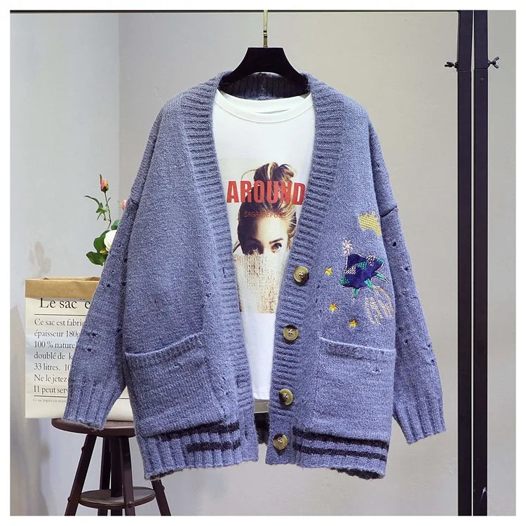 Elegant knitwear Women Cardigan Sweater spring autumn Knit Cardigan Cartoon Embroidery Oversize Sweater Coat outwear Blue One Size