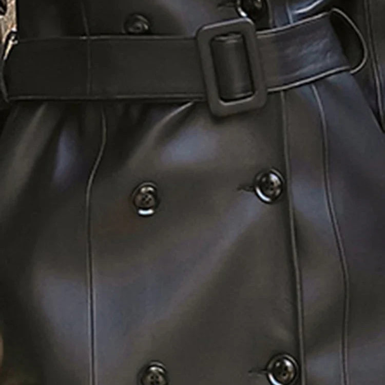 Autumn Black Waterproof Pu Leather Trench Coat for Women Long Sleeve Belt Double Breasted Autumn Designer Fashion