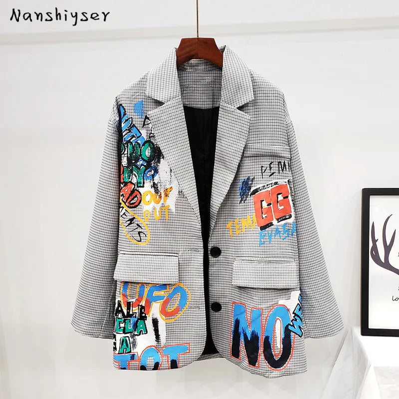 New Autumn Fashion Plaid Suit Blazer Women Letter Graffiti Print Outerwear Female Casual Suit Jacket Female Chic Korean Coats