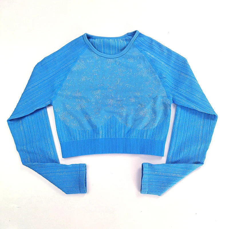 Rid Seamless Yoga Set Women 2pcs Two Piece Long Sleeve Crop Top T-Shirt Leggings Outfit Clothes Gym Wear Fitness Suit Sport Sets Blue Top