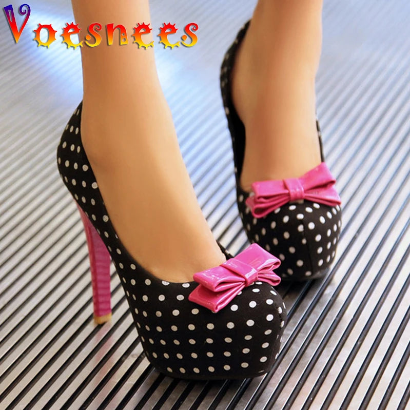 2021 Spring Autumn Women's Pumps Sweet Bow Polka Dot High-Heeled Single Shoes Round Toe Thin Heels Plus Size Women Shoes