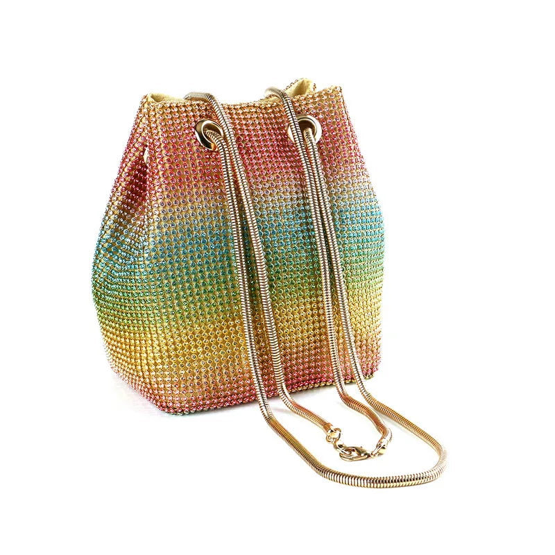 Bucket Women Fashion Evening Bags Diamonds Rainbow Soft Day Clutch Shoulder Snake Chain Rhinestones Party Handbags Wedding Purse YM1870color Mini(Max Length<20cm)