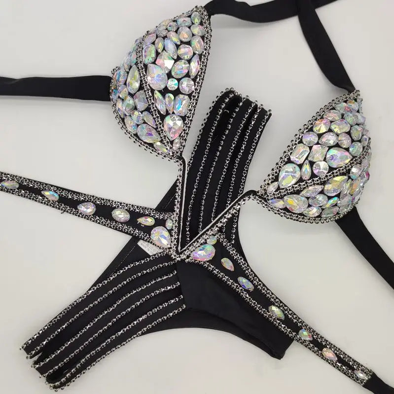 2020 venus vacation V collar rhinestone swimwear daimond bikini set push up swimsuit bling stones bathing suit Black