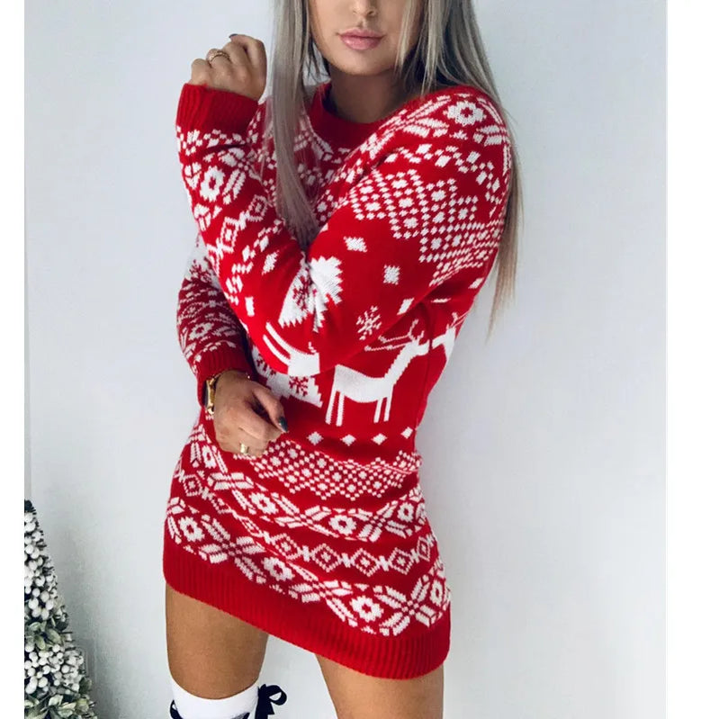 Fashion Autumn Winter Women Long Sleeve Loose Christmas Dress New Year Festival Christmas Print A-line Mini Dress Ladies Red