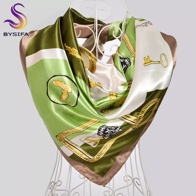 Ladies Green Coffee Square Scarves Printed Women Elegant Satin Large Silk Scarf Shawl 90*90cm Winter Neck Head Scarf