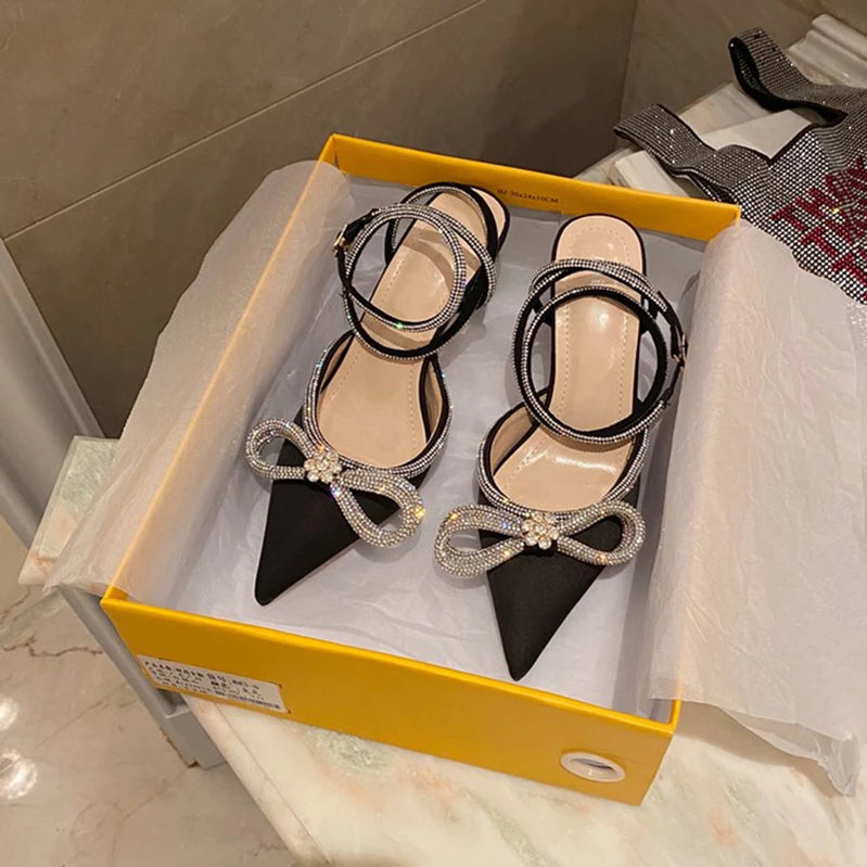 Women's Shoes Fashion Butterfly-Knot Narrow Band Bling Patchwork Cross-Tied Crystal Pointed Toe Pumps 7.5CM-Black