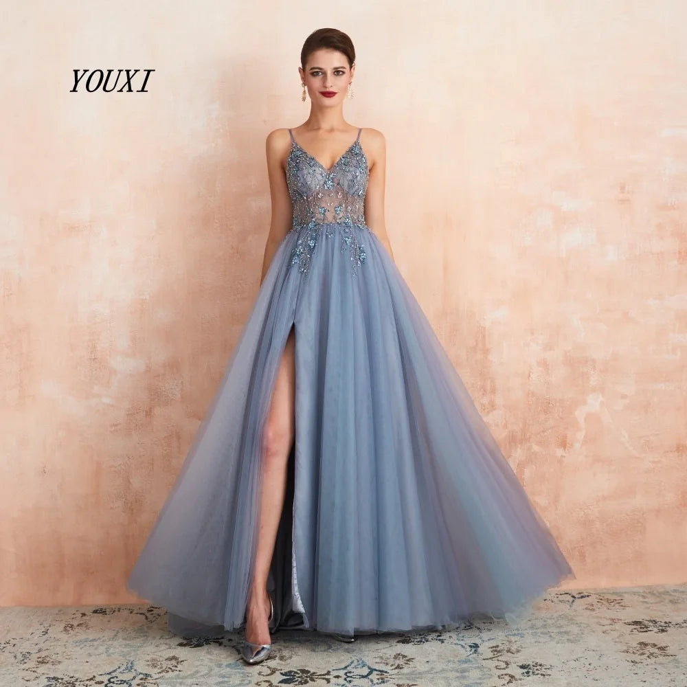 Sexy Spaghetti Straps Evening Dresses V-Neck Rhinestones Beading Formal Prom Gowns with Slit robe de soiree blue gray