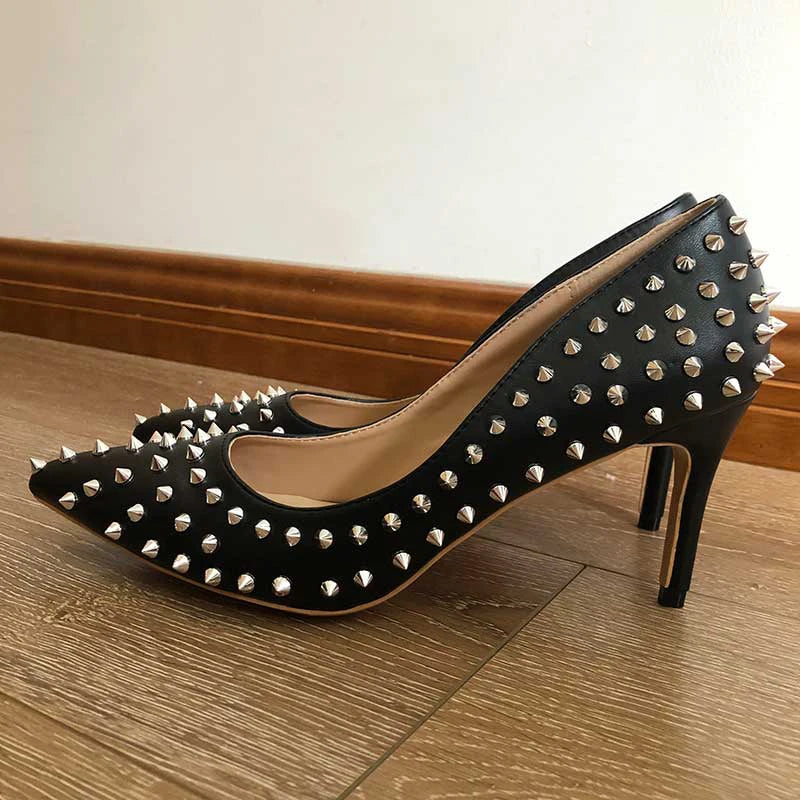 Tikicup Silver Spikes Women Black Matte Sexy Stiletto High Heels Ladies Wild Party Club High Heel Shoes 8cm 10cm 12cm Customize 8cm Black