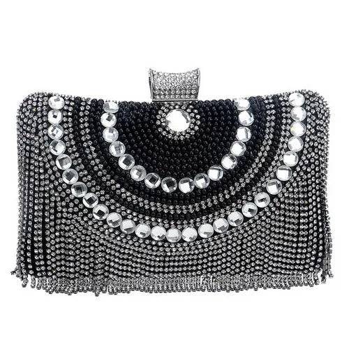 Rhinestones Tassel Clutch Diamonds Beaded Metal Evening Bags Chain Shoulder Messenger Purse Evening Bags For Wedding Bag YM1074black Mini(Max Length<20cm)