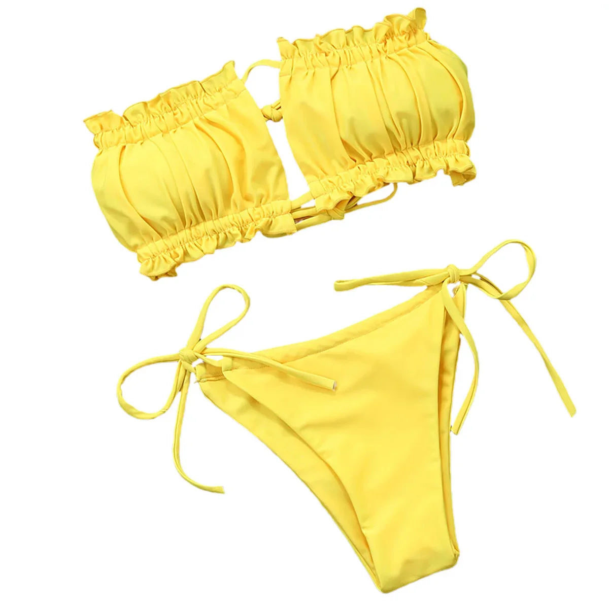 Push Up Padded Women Swimwear Bathing Suit Hirigin Sexy Straples Ruffles Bandage Women Bikini Set Pure Color Summer wear Yellow