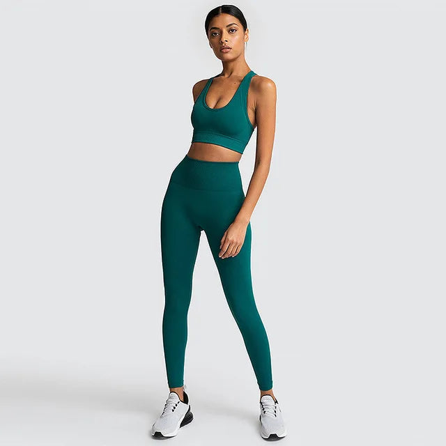 2pcs seamless hyperflex workout sport outfits for women sportswear athletic clothes gym Long Sleeve Crop Top High Waist Leggings green set