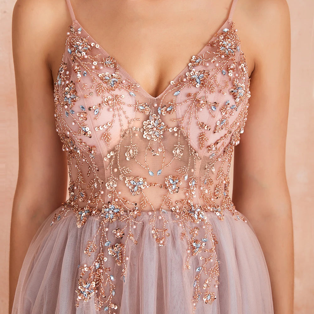 Sexy Spaghetti Straps Evening Dresses V-Neck Rhinestones Beading Formal Prom Gowns with Slit robe de soiree