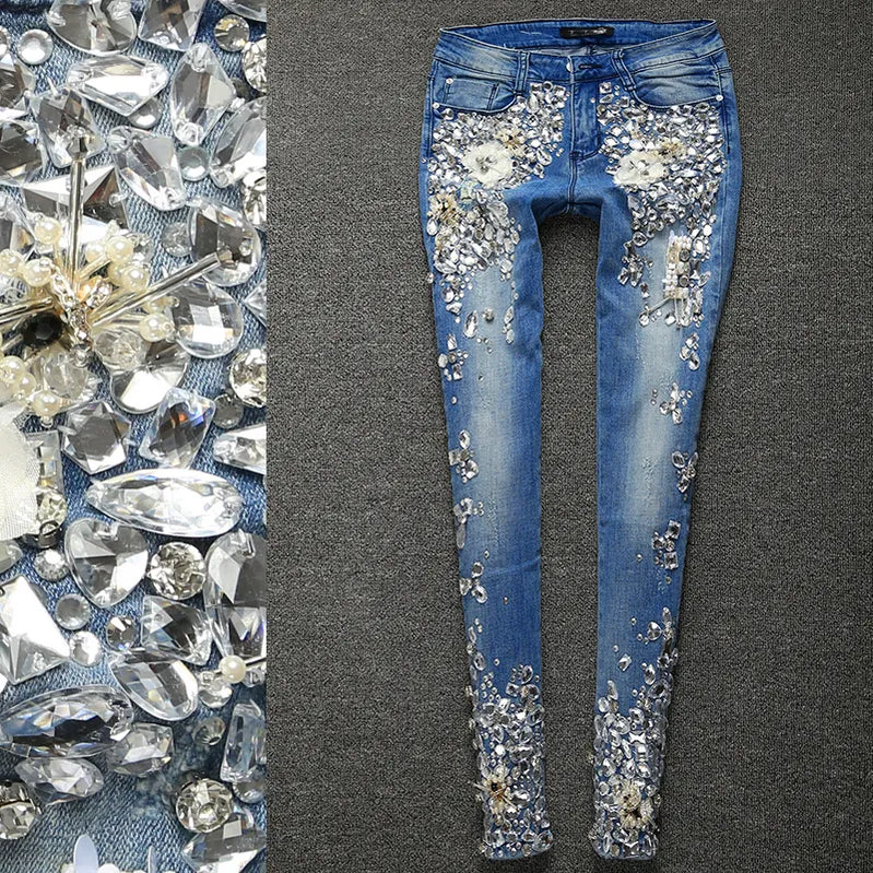 Bling Rhinestone Skinny Jeans Women Pencil Stretch Pants Luxury Diamond Handmade Beaded Elastic Denim Jeans Top Fashion