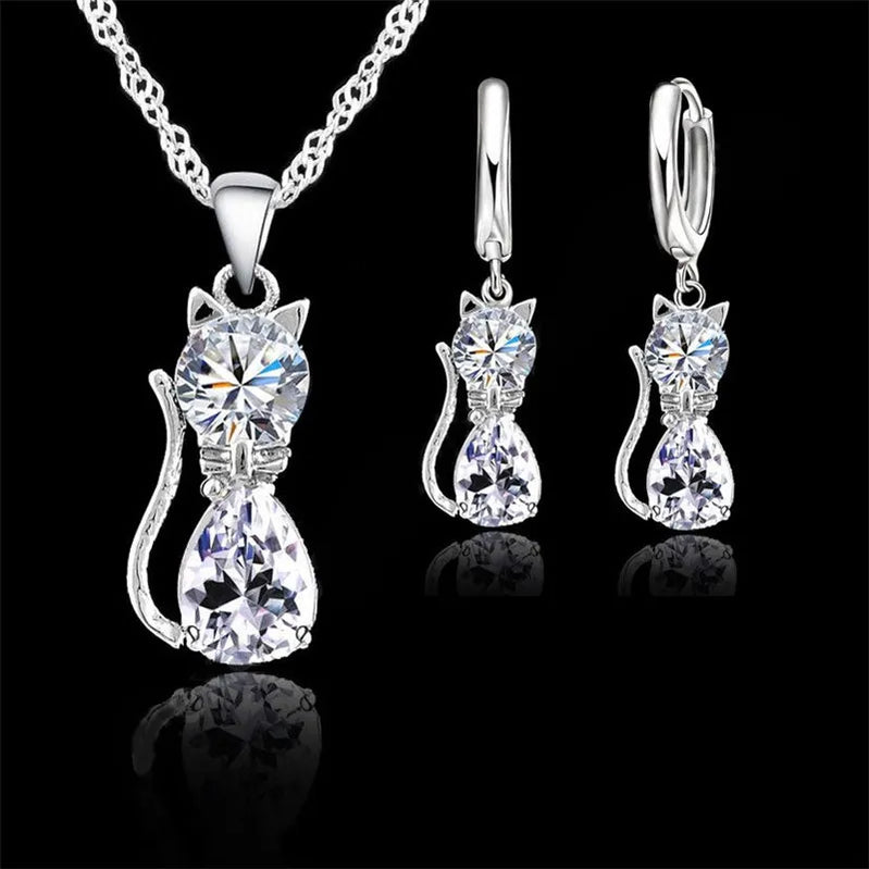 Real 925 set di gioielli a colori in argento sterling per donne che brillano austriache Crystal Cute Cat Cipcant Neckace Huggie Earring