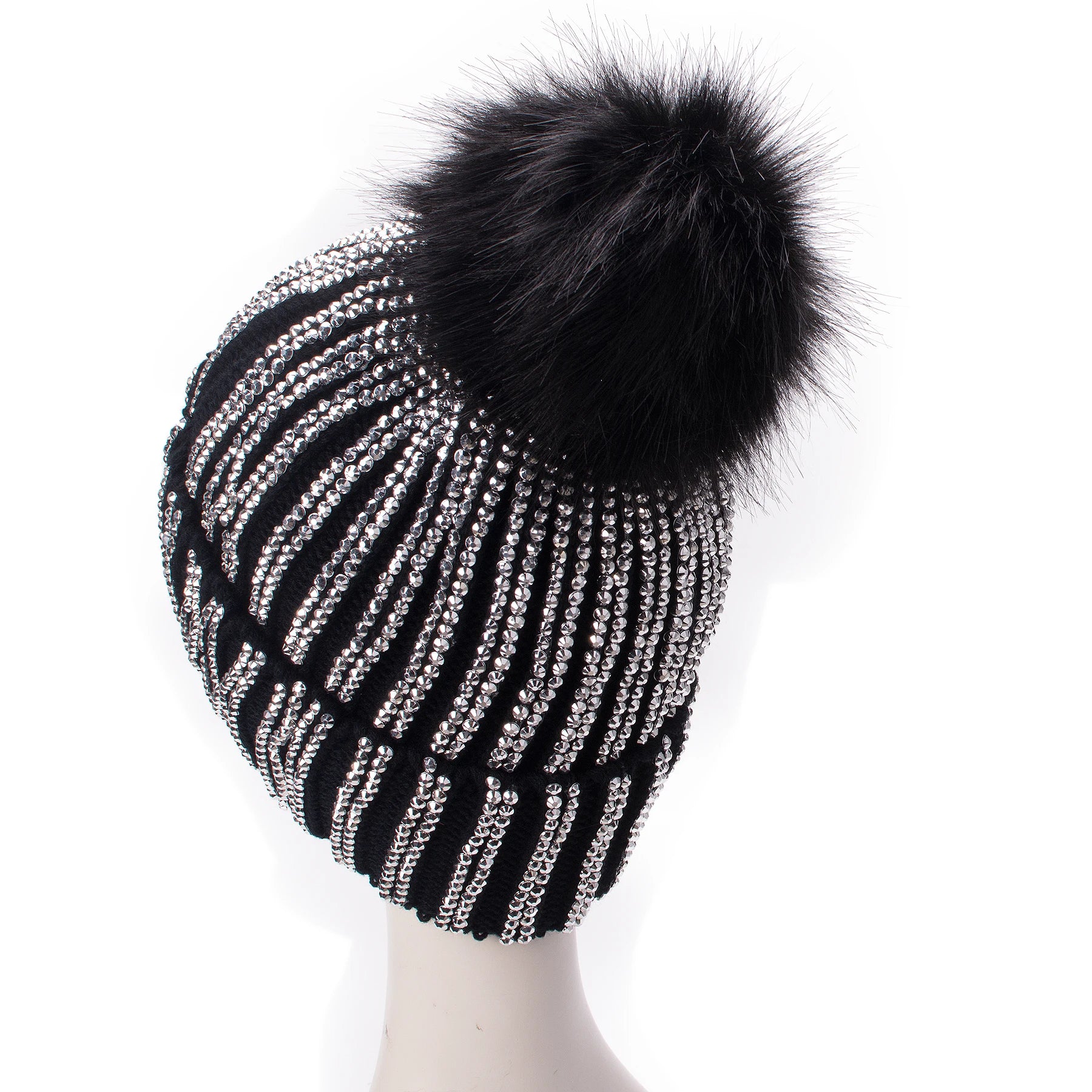 Winter Hats Faux Fur Pom Pom Rhinestone Bling Style Women Beanies Warm Knitted Skull Cap