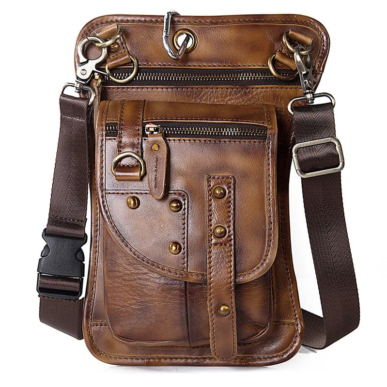 Original Leather Multifunction Men Travel Shoulder Crossbody Messenger Bag Hook Belt Waist Pack Drop Leg Phone Case Bag light brown