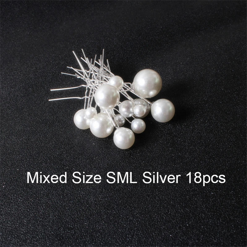 Women U-shaped Pin Metal Barrette Clip Hairpins Simulated Pearl Bridal Tiara Hair Accessories Wedding Hairstyle Design Tools Mix Silver 18pcs