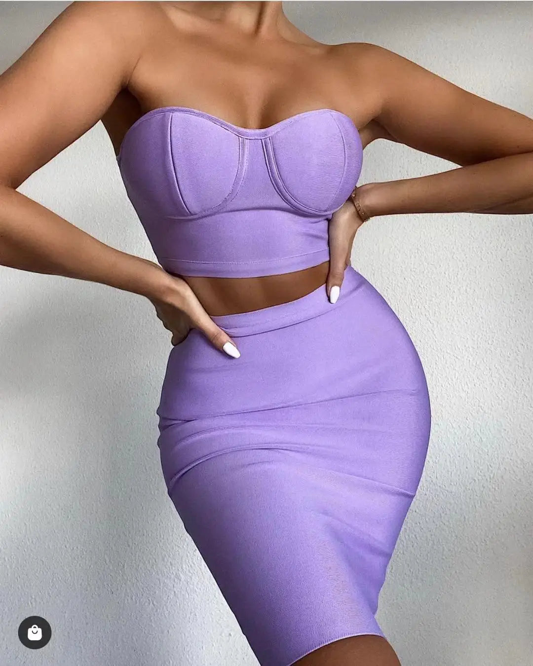 Top Quality Purple Celebrity Two Pieces Set Strapless Knee Length Rayon Bandage Dress Cocktail Party Dress Vestidos