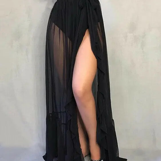 2021 New Hot Summer Women's Mesh Sheer Polka Dot Long Split Skirts Sexy Beach Sunscreen Bikini Cover Up Wrap Skirt 3 One Size