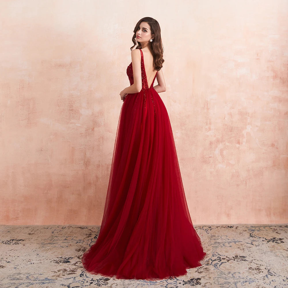 Beading Prom Dresses Long Sexy V-Neck High Split Tulle Sweep Train Sleeveless Evening Gown A-Line Backless Vestido De