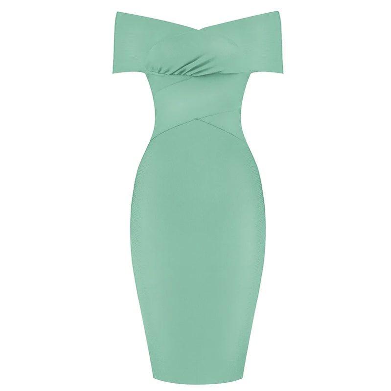 Summer Women Bodycon Sexy Off The Shoulder Rayon Bandage Dress Club Dress Midi Celebrity Party Dress