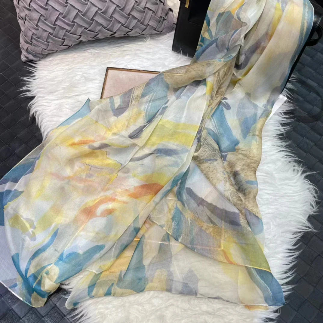 [BYSIFA] White 100% Silk Scarf Cape Fashion Floral Design Long Scarves Women Summer Utralong Beach Shawl Winter Scarves180*110cm yellow blue