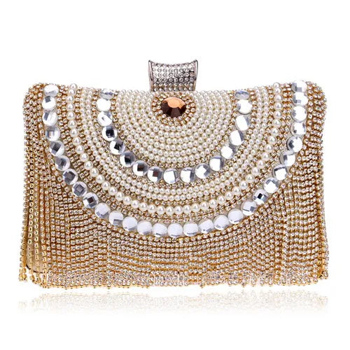 Rhinestones Tassel Clutch Diamonds Beaded Metal Evening Bags Chain Shoulder Messenger Purse Evening Bags For Wedding Bag YM1074gold Mini(Max Length<20cm)