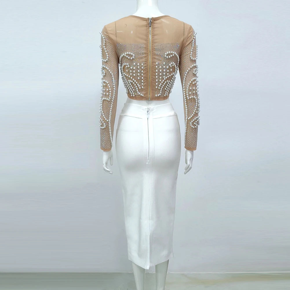 Top Quality Celebrity Black White Two Pieces Set Pearl Beading Hollow Out Rayon Bandage Dress Party Fashion Dress Vestidos