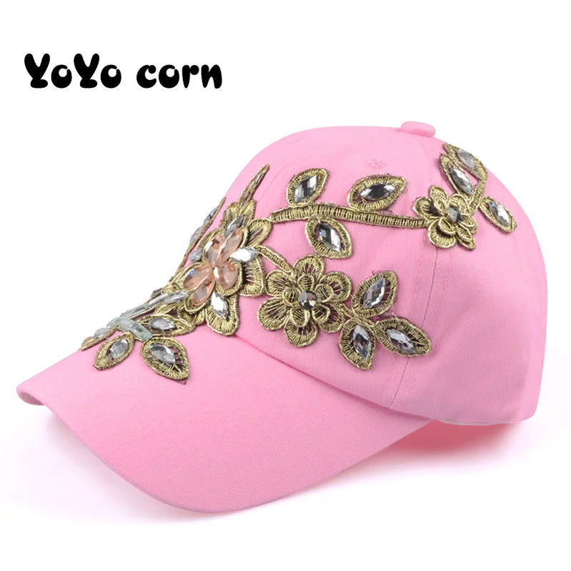 YOYOCORN Baseball Cap With Flower Canvas Snapback Caps For Women Female Cap Hat High Quality Rhinestone Denim Cap Pink XXL >8Y