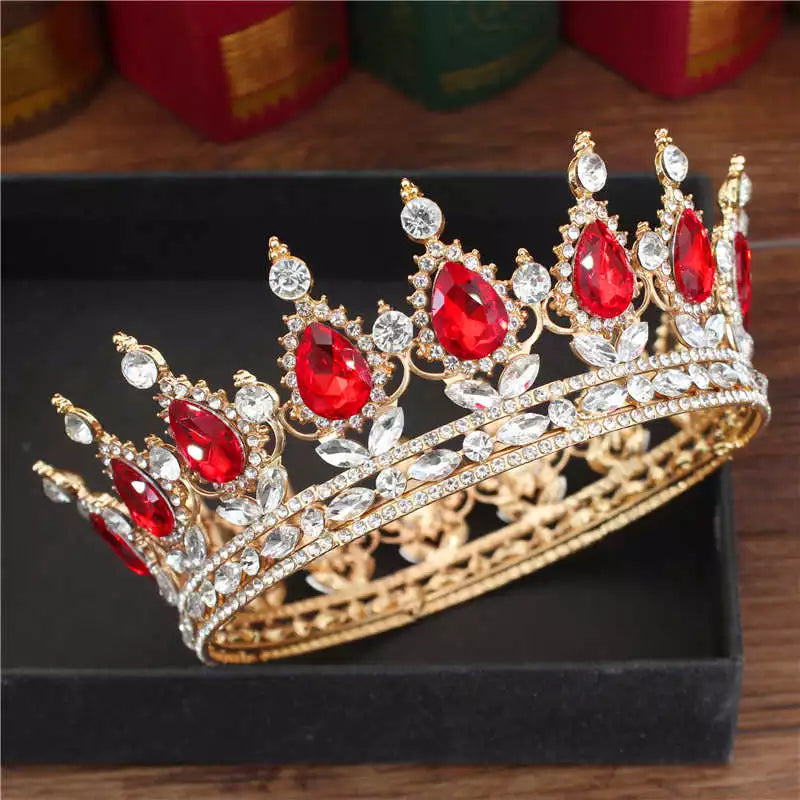 Crystal Queen King Tiaras and Crowns Bridal Diadem For Bride Women Headpiece Hair Ornaments Wedding Head Jewelry Accessories Gold Plated Red