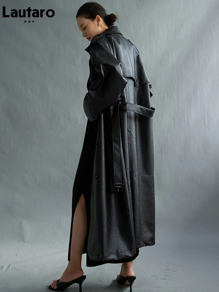 Autumn Extra Long Oversized Black Faux Leather Trench Coat for Women Long Sleeve Belt Double Breasted Loose Fashion 2021