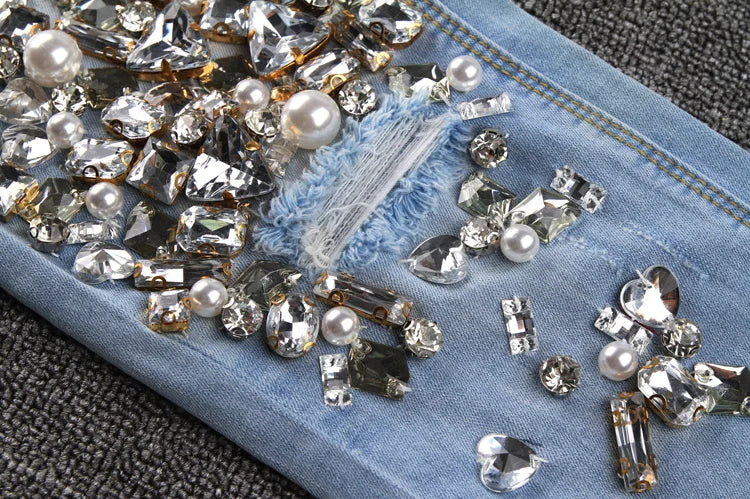 Fashion Top Women's Handmade Beaded Jeans Lady Rhinestones Diamond Denim Jeans Hole Skinny High Stretch Pencil Pants