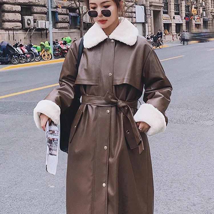Winter Long Warm Thick Leather Trench Coat for Women with Faux Fur Inside Belt Loose Korean Fashion 2021 Fur Lined Parka