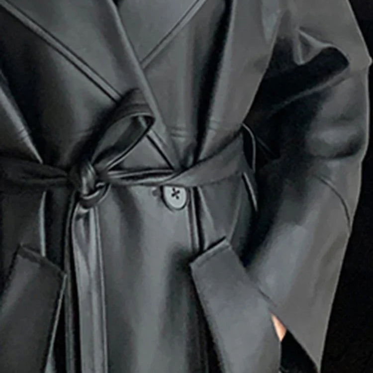 Lautaro-Long Black Leather Trench Coat for Women, Oversized Sashes, Single Button, Loose Stylish, Korean Fashion, Spring