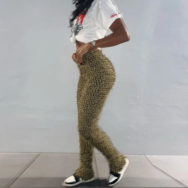 Women Pants Folds Leopard Herfst Undefined High Street Sheath Slim Attirewear Stretchy High Waist Body-Shaping Streetwear