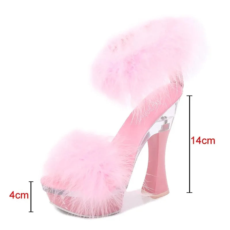4 Color Feather Thick High Heels Platform Sandals Women 14cm 17cm Heels Shoes Female Summer Hair Wedding Pumps Shoes
