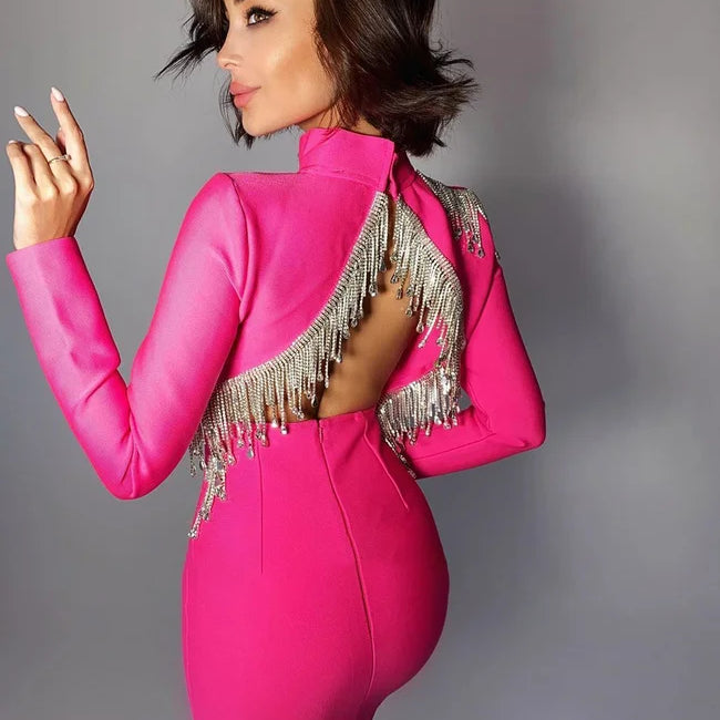 Red Black Sexy Fashion Sparkly Backless Diamonds Tassel Rayon Bandage Dress Cocktail Party Dress Vestidos