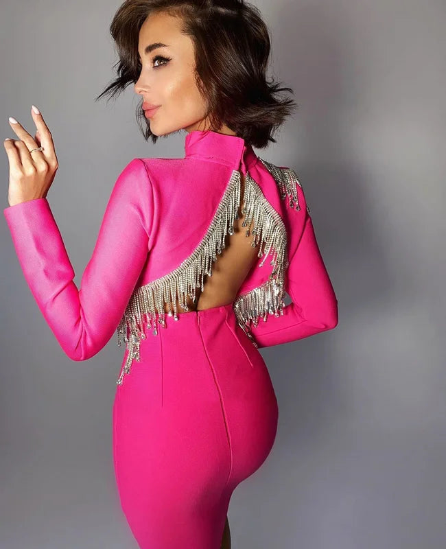 Red Black Sexy Fashion Sparkly Backless Diamonds Tassel Rayon Bandage Dress Cocktail Party Dress Vestidos