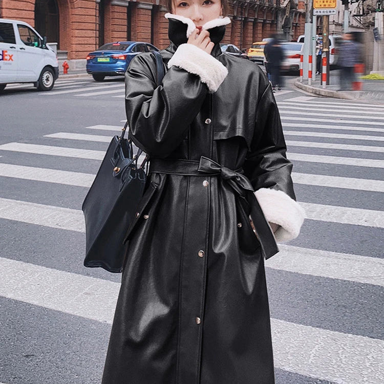 Winter Long Warm Thick Leather Trench Coat for Women with Faux Fur Inside Belt Loose Korean Fashion 2021 Fur Lined Parka