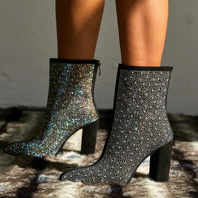 Women Crystal Ankle Boots Sexy 11cm High Heels Diamond Lady Chunky Boots Short Fall Fetish Stripper Booties Colorful Shoes