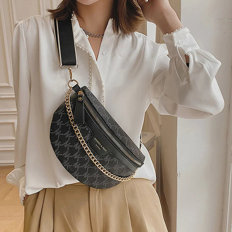 Women Chain Waist Bag PU Leather Fanny Pack Waist Belt Bag for Women Luxury Shoulder Crossbody Chest Purses and Handbag