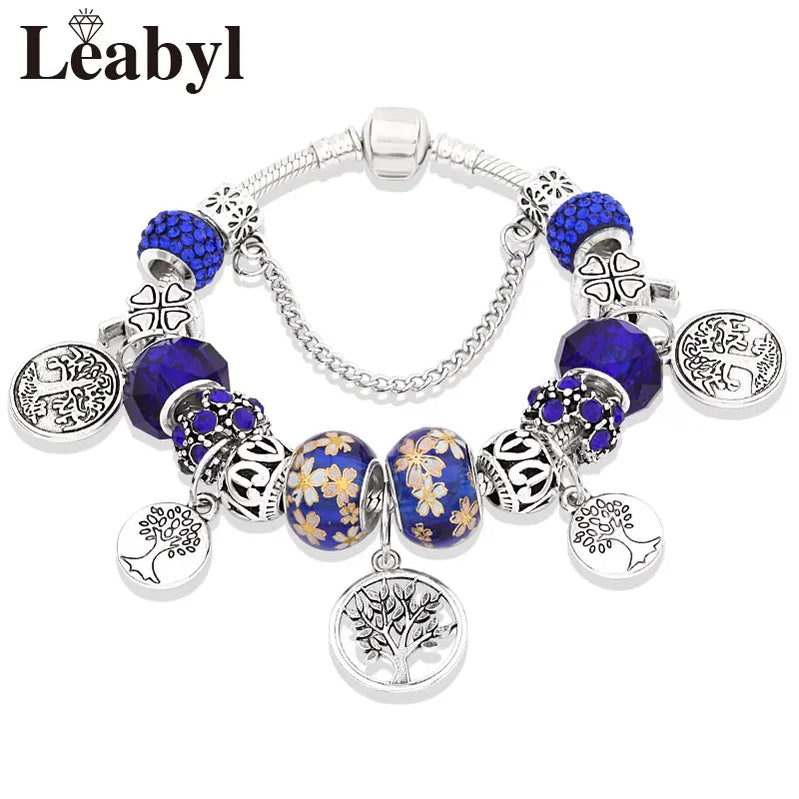 Silver Color Tree of Life Fashion Bead Bracelets Green Leaf Floral Crystal Charm Bracelet & Bangle Pulsera Jewelry L80829 Dark Blue