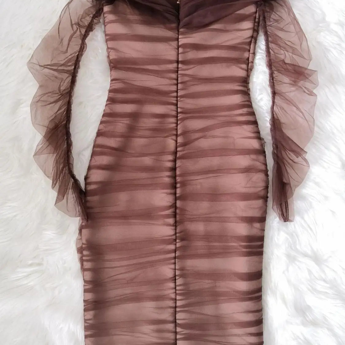 Vestido bandagem de rayon com manga de malha marrom e ombro de fora, elegante vestido de festa para clube