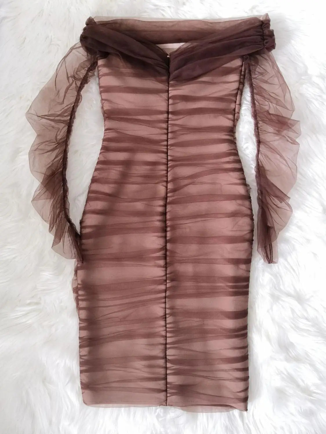 Vestido bandagem de rayon com manga de malha marrom e ombro de fora, elegante vestido de festa para clube