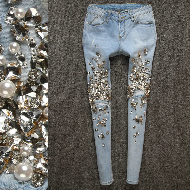Fashion Top Women's Handmade Beaded Jeans Lady Rhinestones Diamond Denim Jeans Hole Skinny High Stretch Pencil Pants