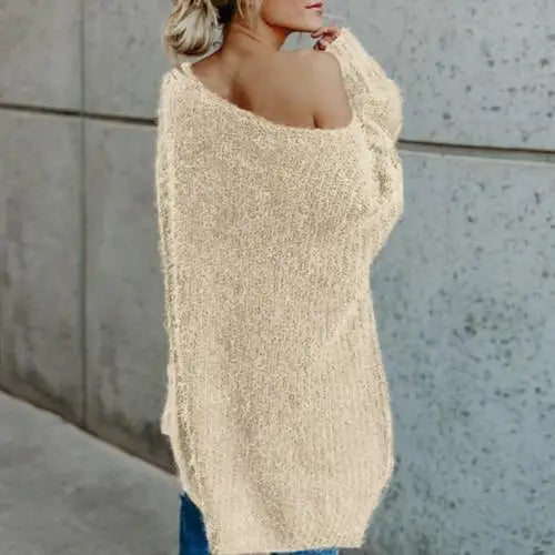 Women's Sweater Fashion Solid Color Sloping Shoulder Plush Jumper Loose Casual Knitted Sweater Top Oversized Sweater for Women Beige
