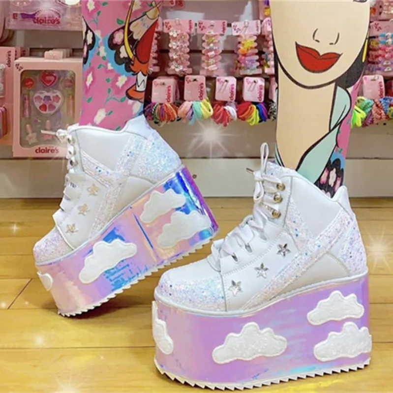 Colorful clouds Platform Shoes For Woman Punk Style Lace-up High Heel Wedges Shoes Sweet Women Ankle Boots For Mujer Shoes 2025