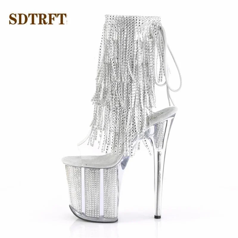 Stilettos 20cm Thin Heels Ankle boots transparent Platforms shoes Woman Rhinestone Tassels Botas Mujer Sequined pumps Clear