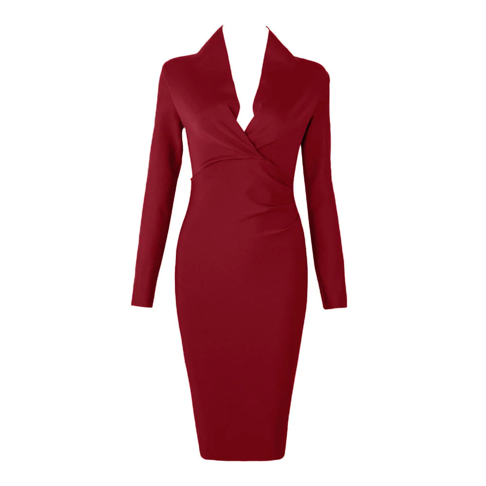 autumn Deep V Neck Women Bandage Dress Sexy Full Sleeves Solid Celebrity Bodycon Club Evening Midi Party Dress Vestidos Wine red